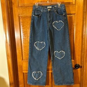 FOREVER21 Women’s High Rise Wide Leg Jeans W/Raw Edge Heart Patches Size 27-EUC